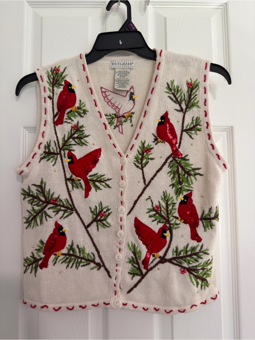 Vtg White Stag Beige Embroidered Cardinal Birds Knit V-Neck Sweater Vest M